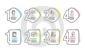 Checklist, Technical algorithm and Presentation time icons set. Elastic sign. Survey, Project doc, Report. Vector