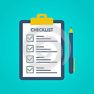 Checklist with tick marks in a flat style. Questionnaire on a clipboard paper. Successful completion of business tasks. Checklist, photo