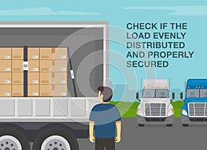 Checklist for truck drivers. Check if the load evenly distributed and secured. Semi-trailer loaded with cardboard boxes.