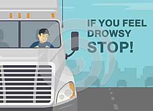 Checklist for truck drivers. If your drowsy - stop. Semi-trailer driver falling asleep while driving.