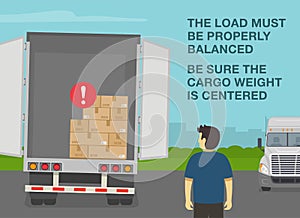 Checklist for truck drivers. The load must be properly balanced and centered. Semi-trailer loaded with cardboard boxes.