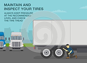 Checklist for truck drivers. Maintain and inspect tires. Semi-trailer driver checking the tires.