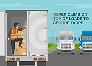 Checklist for truck drivers. Never climb on top of loads to secure tarps. Semi-trailer loaded with cardboard boxes. photo