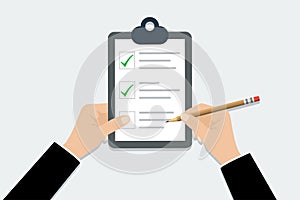 Checklist - vector illustration. Hand holding clipboard checklist with pencil in trendy flat design