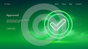 Checkmark concept of success accepted approve, web button for vote, futuristic technology with green neon glow in the smoke,