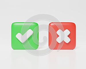 Checkmark and x or confirm. Like or correct icon isolated white background. checkmark button. 3d rendering illustration websites