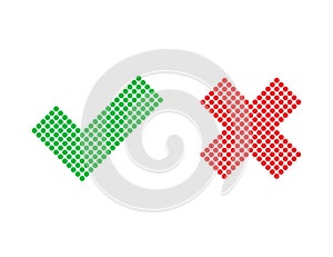 Checkmark and cross icons. Red and green positive and negative answer. Correct and incorrect sign. Yes and no iocns. Dotted style photo