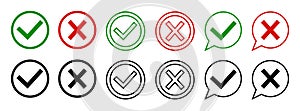 Checkmark and cross icons. Sign for negative or positive mark. Green, red and black buttons. Symbol of tick, check, incorrect,