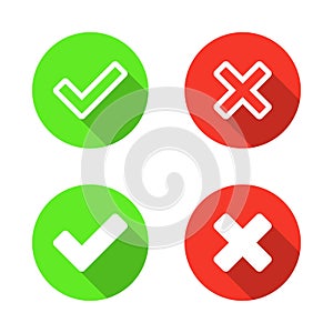 Checkmark and x cross mark icon vector in flat style. Approve and reject sign symbol
