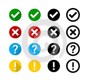 Checkmark cross question exclamation sign or mark. Isolated vector signs symbols. Checkmark icon set.  Flat vector collection of