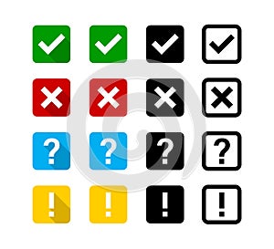 Checkmark cross question exclamation sign or mark. Isolated vector signs symbols. Checkmark icon set.  Flat vector collection of