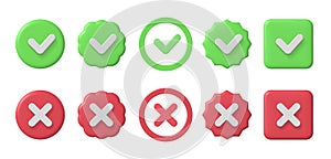 Checkmark 3d icons. Checklist green tick and red cross. Accepted and decline, true or false and verified sign vector set