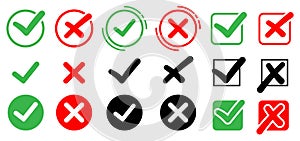 Checkmark icons set. A collection of web button variants, green checkmark and red cross. approved and rejected stamp. Many options
