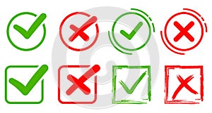 Checkmark icons set. A collection of web button variants, green checkmark and red cross. approved and rejected stamp. Many options