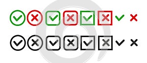 Checkmark icons set for web design. Accept v button, decline x cross button for Ui design.
