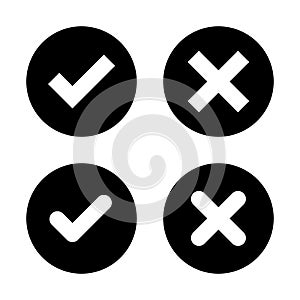 Checkmark and x mark icon vector in black circle. Check and cross sign symbol