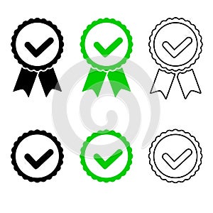 Checkmark medal for banner design. Isolated vector illustration. Green check mark icon. Certified product.Certified stamp certifie