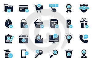 Checkmark Success Good Service Silhouette Icon Set. Confirmed Check Mark Quality Approved Stamp Glyph Pictogram