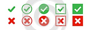 Checkmark vector icon. green tick check mark, red cross. Wrong correct isolated signs white background. x symbol vote logo