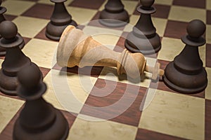 Checkmate in chess. White king is surrounded by black pawns. 3D rendered illustration