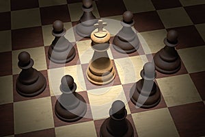 Checkmate in chess. White king is surrounded by black pawns. 3D rendered illustration