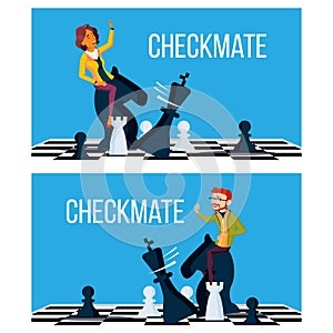 Checkmate Concept Vector. Business Man And Woman Make Checkmate On Board. Victory Challenge. Illustration