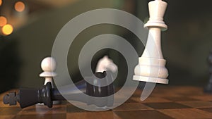 Checkmate or mate in chess game. Chessboard close-up, realistic 3D animation