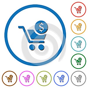 Checkout with Dollar cart flat round icons icons with shadows and outlines