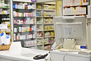 Checkout the pharmacy. Interior pharmacies and blurred background.