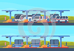 Checkpoint on toll highway. Booth with a rising and lowering barrier. Car and roadside point. Highway toll area with