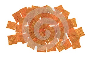 Cheddar cheese crispy rice crackers on a white background