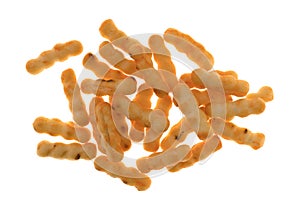 Cheddar cheese mini breadsticks on a white background