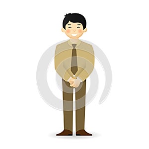 Cheeky asian man in business suit posing. Closed posture.