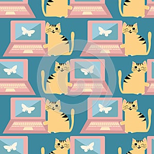 Cheeky cartoon cat and laptop vector seamless pattern background. Ginger kitty next to computer on pink blue backdrop