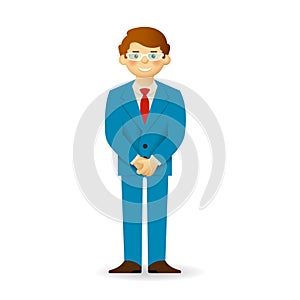 Cheeky caucasian man in business suit posing. Closed posture.