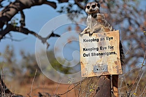 cheeky meerkat standing on its hind legs, its sign reading \