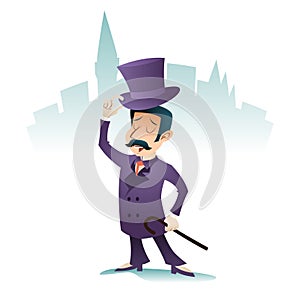 Cheer Greeting Meet Great Britain Victorian Gentleman Businessman Character Icon on Stylish English City Background