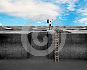Cheered businessman climbing on top of Maze wall with sky