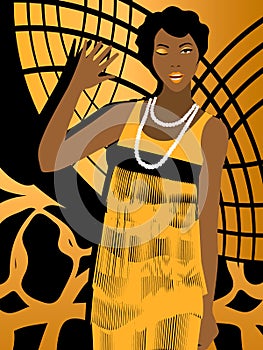 Cheerful 20s` african american woman winking and waving on black and gold geometric background