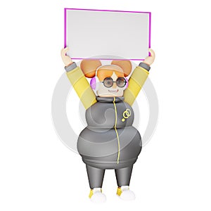 A Cheerful 3D Funny Girl Cartoon Design lift a whiteboard
