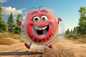 Cheerful 3d watermelon cartoon character in a comical style for humorous entertainment