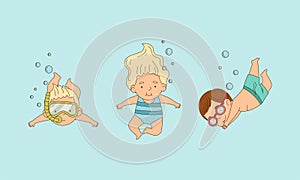 Cheerful active kids swimming in swimming pool. Children performing water sports activity cartoon vector illustration