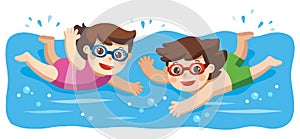 Cheerful and active little Boy and Girl swimming in the swimming