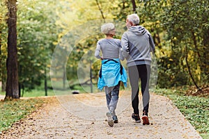 Cheerful active senior couple jogging in the park