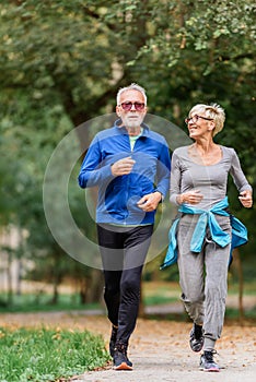 Cheerful active senior couple jogging in the park