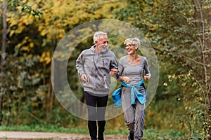 Cheerful active senior couple jogging in the park