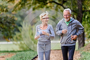 Cheerful active senior couple jogging in the park