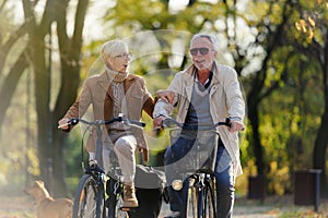 Cheerful active senior couple riding bicycles in public park together having fun. Perfect activities for elderly people.