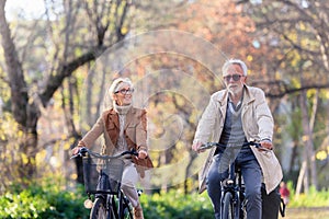 Cheerful active senior couple riding bicycles in public park together having fun. Perfect activities for elderly people.