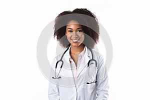 A cheerful, African-American medic grins, representing healthcare and protection, in solitude on a plain backdrop